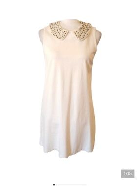 Embellished Peter Pan Collar Shift Dress - Cream